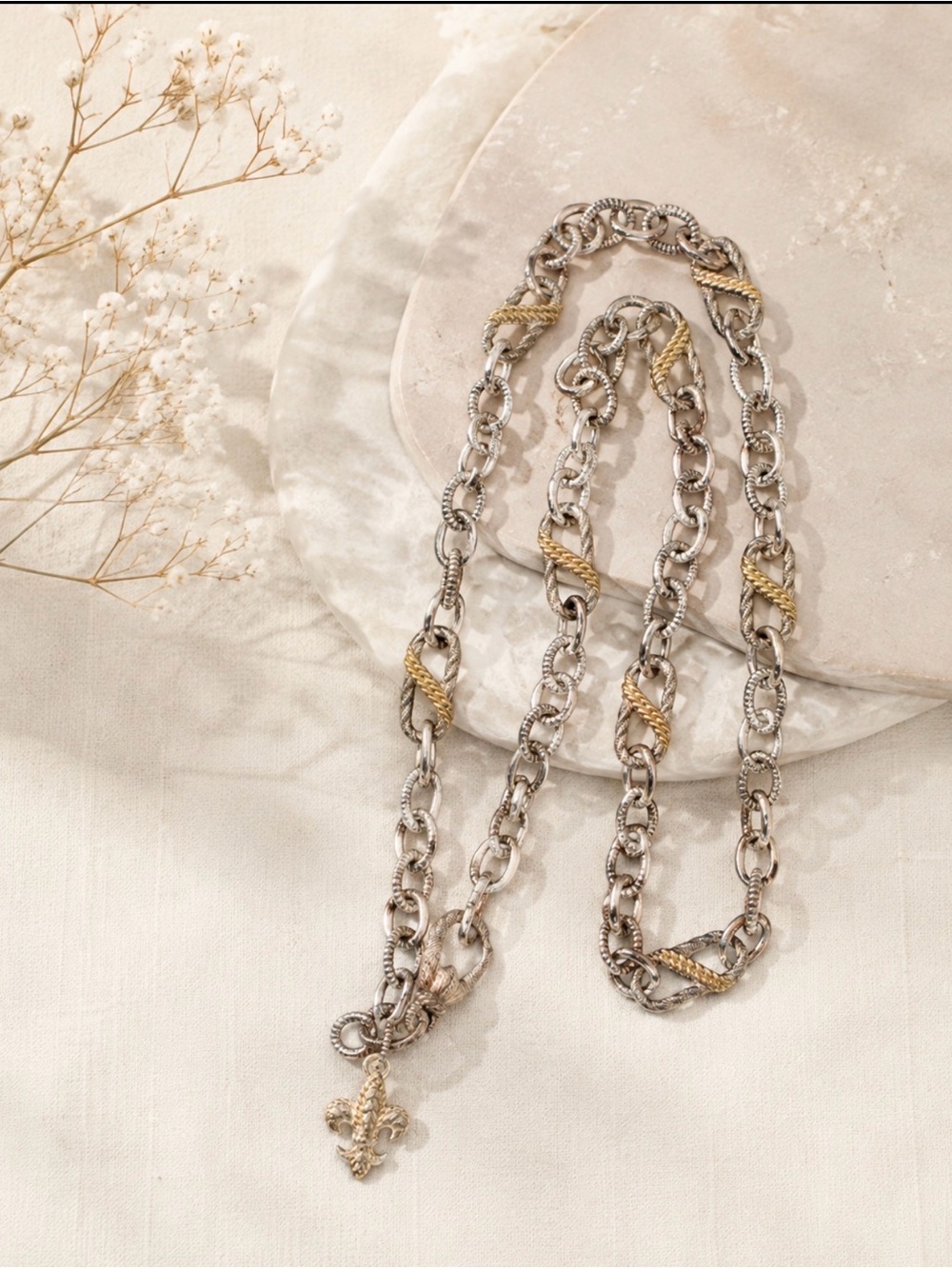 Judith Ripka Sterling Silver with gold accents Fleur-de-Lis Link Necklace 18”